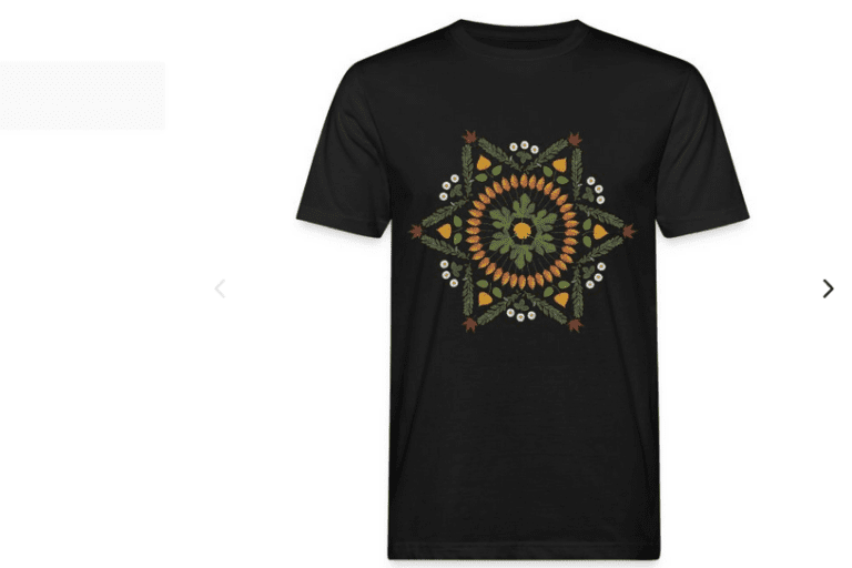 ein schwarzes Tshirt mit einem Mandala aus Blätter drauf